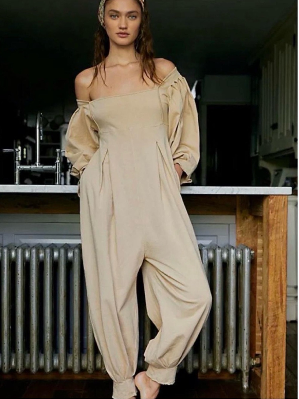 Free People Boho Jumpsuit in Beige
